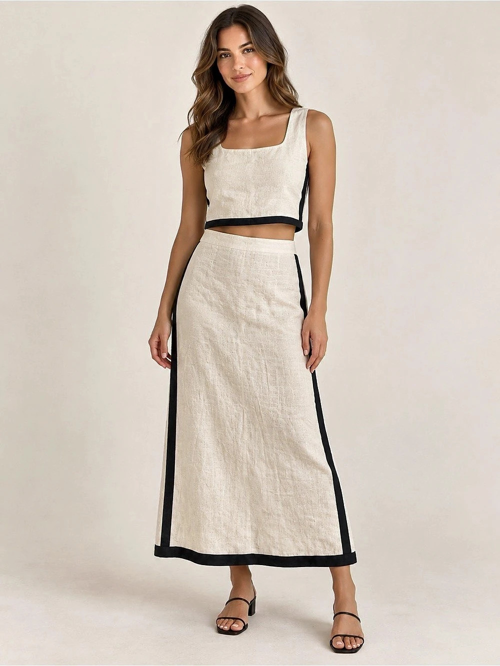 Paper Heart Cream & Black Crop Top Long Skirt Set Size M